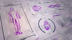 Background with animation of abstract interface. Walk human, head, hands, DNA spirals and heart in wireframe style and animation programming codes. Animation of seamless loop. - Powered by Shutterstock - Get 15% off with code: PIKWIZARD15