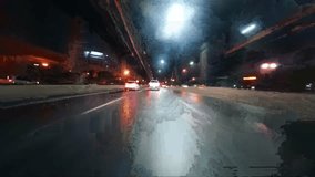 Time-lapse moving forward of road in city  with bridge at night, thailand.