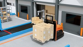 Industrial robot unloading parcels from semi truck. Autonomous forklift driving away with pallet of goods. Concept for logistics automation. 3D rendering animation. - Powered by Shutterstock - Get 15% off with code: PIKWIZARD15