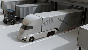 Camera pan from exterior to interior of logistics center. Industrial robot unloading parcels from semi truck. Concept for logistics automation. 3D rendering animation. - Powered by Shutterstock - Get 15% off with code: PIKWIZARD15