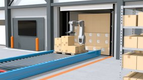 Industrial robot unloading parcels from semi truck. Automatic Guided Vehicle carrying set of pallets to the robot's position. Concept for logistics automation. 3D rendering animation. - Powered by Shutterstock - Get 15% off with code: PIKWIZARD15