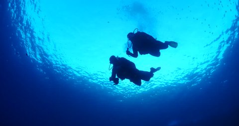 scuba divers descending underwater from surface coming down to bottom 