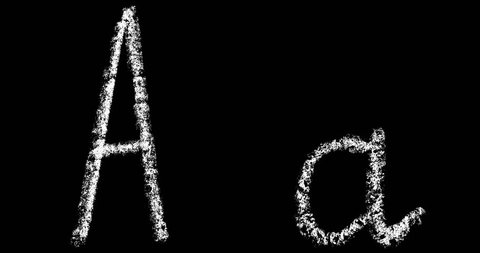 a, b, c, d, e, handwritten white chalk letters isolated on black background animation, hand-drawn chalk font, stock video in 4k resolution