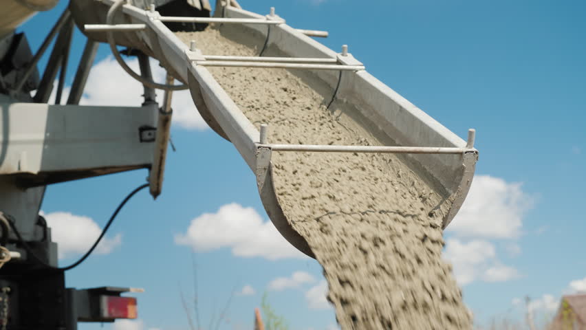 Cement on the troughs follows from the concrete mixer. Delivery of ready-made high-quality concrete concept Royalty-Free Stock Footage #1010407238