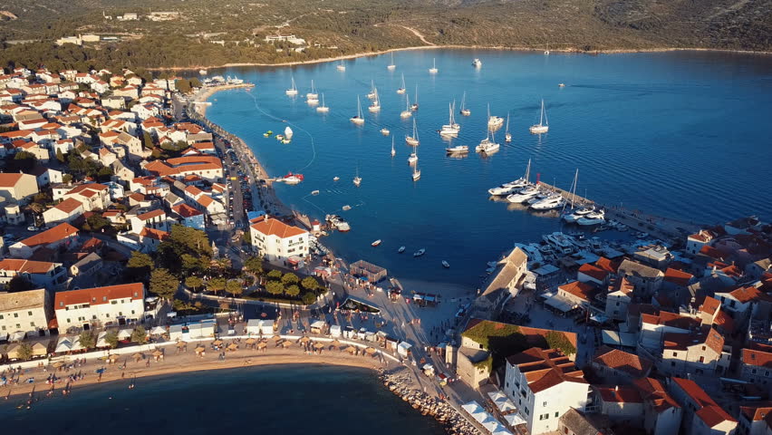 Aerial panorama of marina and resort adriatic town Primosten, Croatia.