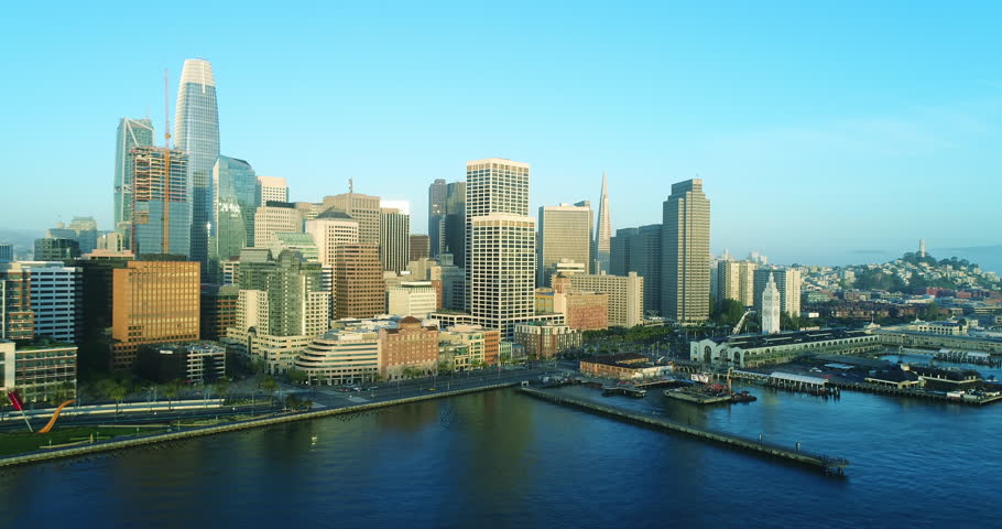 Aerial view of San Francisco city skyline and Embarcadero at sunrise