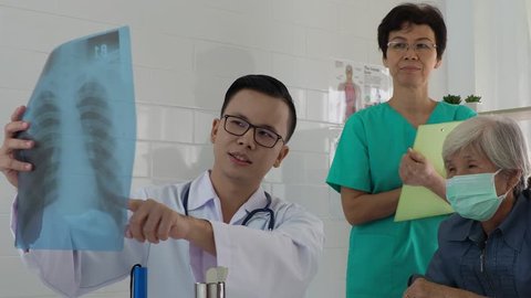 young asian doctor is explain the film of chest X-ray  to the elderly female patient 
