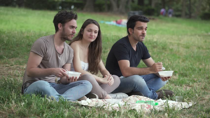 Friends Eating And Talking Having Picnic In Park in summer Royalty-Free Stock Footage #1010434826