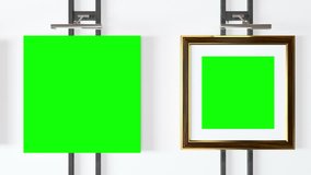 Empty picture frames with track green screen and a spotlight lamps - Seamlessly looping 