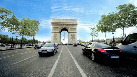 Paris, France - circa May, 2017: Arch Of Triumph At Day in Paris, France, Traffic Slow Motion