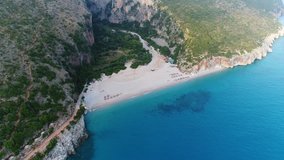 4K Beautiful landscape aerial view of the paradise beach between mountain coast. Albania