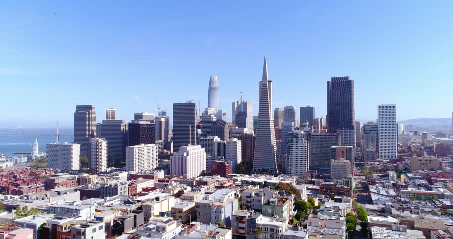 Aerial view of San Francisco city skyline on beautiful sunny clear day