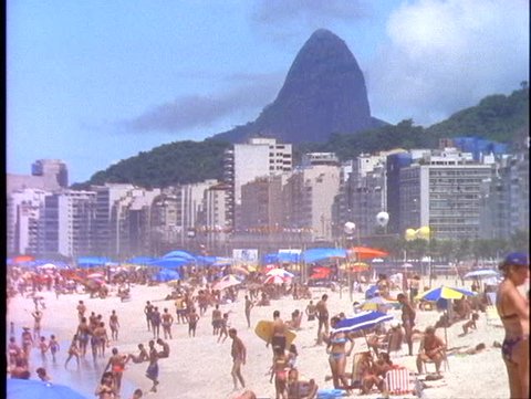 BRAZIL, 1998, Rio de Janeiro, Copacabana beach, sky, sea, crowds, skyline, people