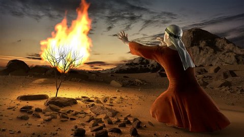 Moses and the burning bush. Story of book of exodus in bible. The shrub was on fire, but was not consumed by the flames.