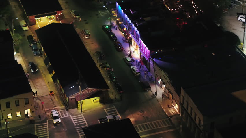 South Carolina Charleston Aerial v12 Birdseye detailed nightlife view in the French Quarter 10/17