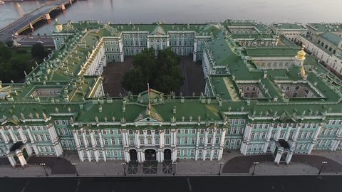 Aerial view on Palace Square, Hermitage and Neva river in Saint-Petersburg in Russia. The center of the city. Sightseeing. Early summer morning near Hermitage - Winter Palace.