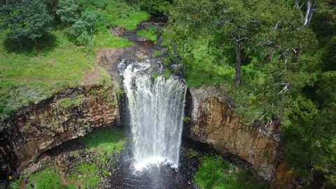 Trentham Falls after rain in December 2017. At 32 metres high, they are the tallest single drop waterfalls in Victoria. This footage shows above average flows over the falls.
