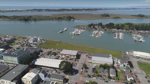 Aerial: flying over the town of, Eureka, Humboldt country, USA