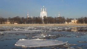 Spring ice drift at the Smolny Cathedral. Saint-Petersburg