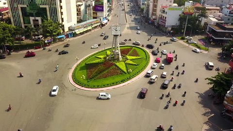 Aerial Drone - Busy Clock Tower Traffic Circle - Ho Chi Minh City - Vietnam - Circa September 2017