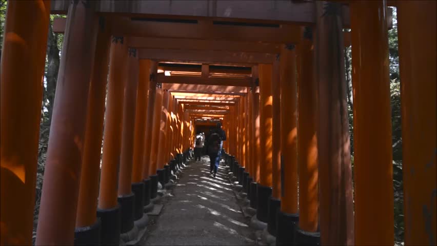 Walking under the torii doors of the famous Fushimi Inari shrine in Kyoto, Japan