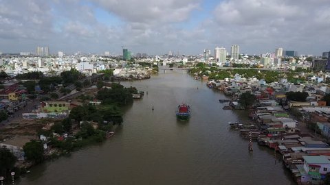 Aerial Time Lapse -The Kenh Te River in Ho Chi Minh City Vietnam