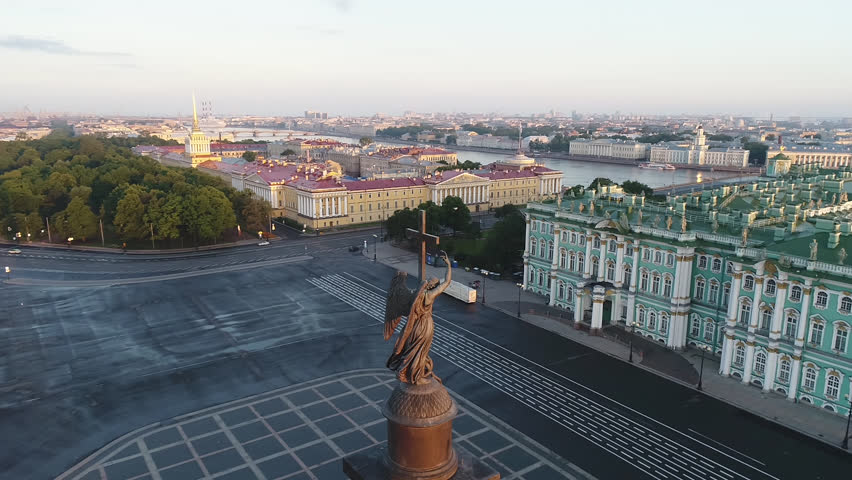 Aerial view on Alexander column and Palace Square in Saint-Petersburg in Russia. The center of the city. Sightseeing. Early summer morning near Hermitage - Winter Palace.