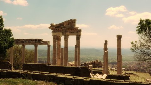 Pergamon, Trajan temple, ruins of ancient acropolis, Turkey, Bergama, 4K video