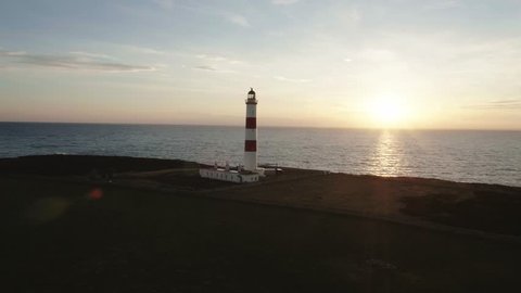Aerial drone shot of Tarbat Ness lighthouse in Scotland during a sunset