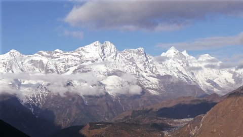 Magnificent panorama of Solu Khumbu valley, treking area to the base camp of Everest peak (8848 m). Nepal, Himalaya mountains.