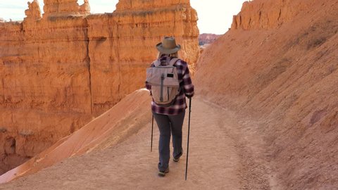 Back view, in movement, hiker mature woman in a cowboy hat with trekking poles and backpack walks along the trail in the rocks of the Bryce Canyon on a sunny day. Slow motion, 4k, 3840x2160.