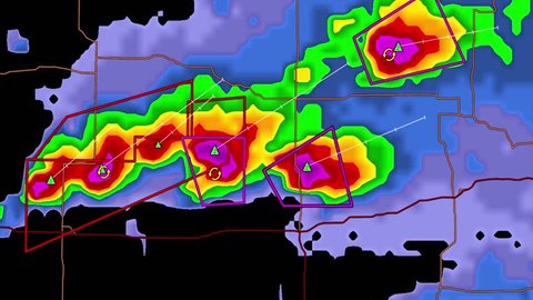 Severe thunderstorms with tornado warnings on Kansas weather radar screen