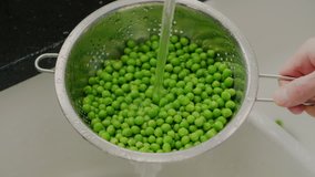 Lockdown shot of man washing green peas in colander. Male is holding fresh green vegetable under running water. He is cooking food in kitchen at home. 4K Resolution.
