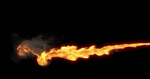 Animated realistic stream of fire like flamethrower shooting or fire-breathing dragon's flames. High quality footage with alpha channel in 4k resolution.