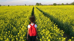 
4K video clip of beautiful happy mixed race African American girl teenager female young woman hiking with red backpack and bottle of water in field of rape seed yellow flowers
