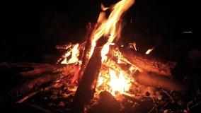 Campfire video detail at night in a campsite