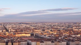 lyon city time lapse from sunset to night aerial view pan