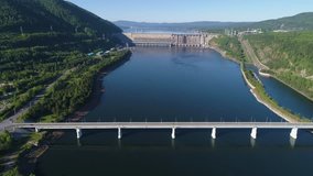 Hydroelectric power station in Russia Siberia, on the Yenisei River, video from the air