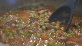 Tasty stew cooking slow motion footage