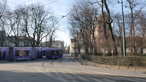 KRAKOW / POLAND - JANUARY 9, 2018: Tram in Krakow in the sunny winter day.