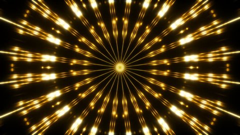 abstract loop motion background, kaleidoscope gold light on black background