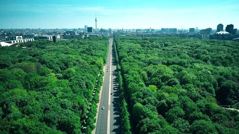 Aerial view of Berlin involving the Reichstag building, the Brandenburg Gate and the TV Tower, the most popular landmarks of the city