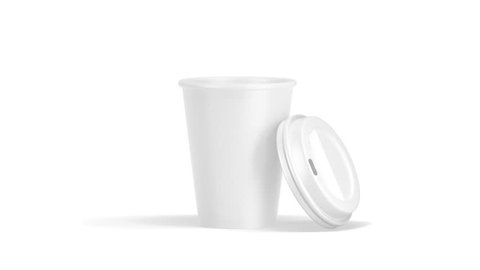 Blank white disposable paper cup mock up isolated, looped rotation, clipping mask, 3d rendering. Empty opened coffee drinking mug mockup side view. Clear plain tea take out package.