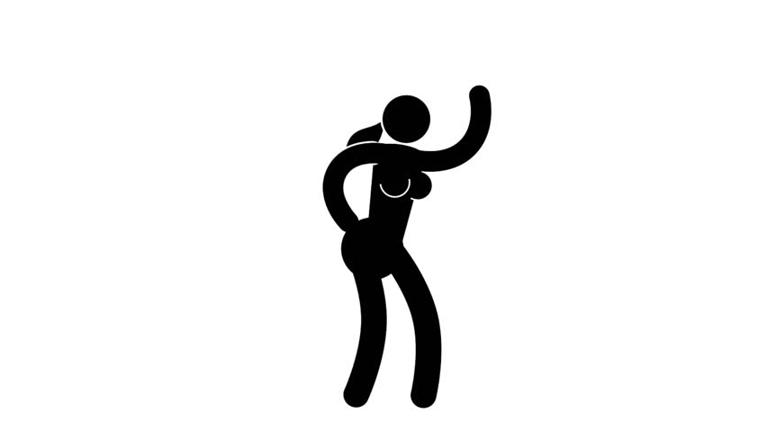 Black and white icon woman dancing with swinging hips. Pictogram people. Loop animation with alpha channel.