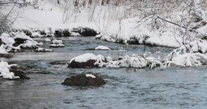 Spring and the river flow along the snowy banks