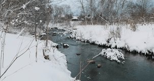Spring and the river flow along the snowy banks