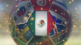 Football Soccer ball fly towards camera with particles
Countries nations flags are showing
Stadium with flashing lights
Golden confetti fly in the air - Powered by Shutterstock - Get 15% off with code: PIKWIZARD15