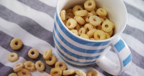 Close-up of cereal rings being spilled in a mug วิดีโอสต็อก