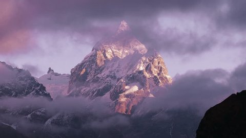 Magnificent view of Machermo peak (6273 m) at sunrise. Nepal, Himalaya mountains. 