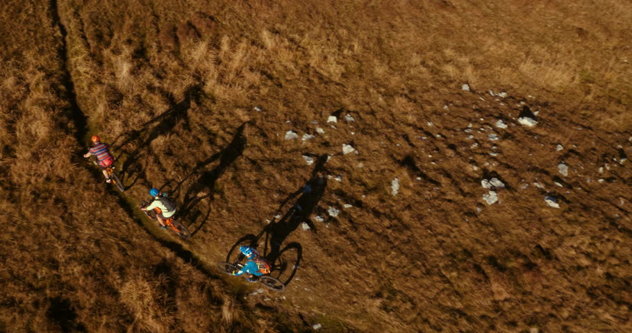 Vertical shot of three mountain bikers following a single track.